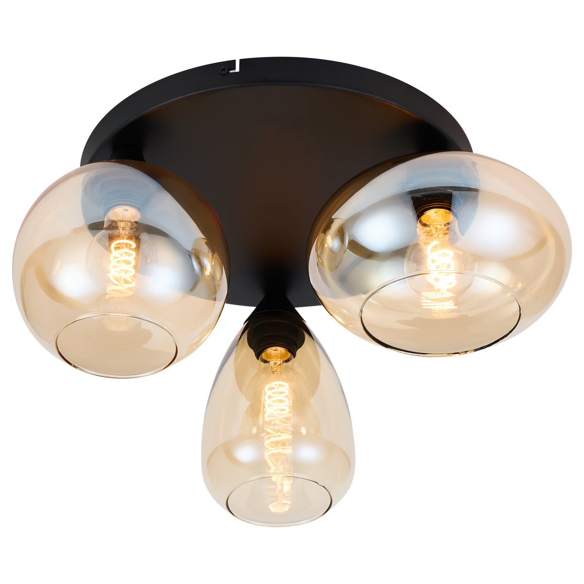 Plafondlamp Amber Glas 3-Lichts – Zwart met E27 Fittingen