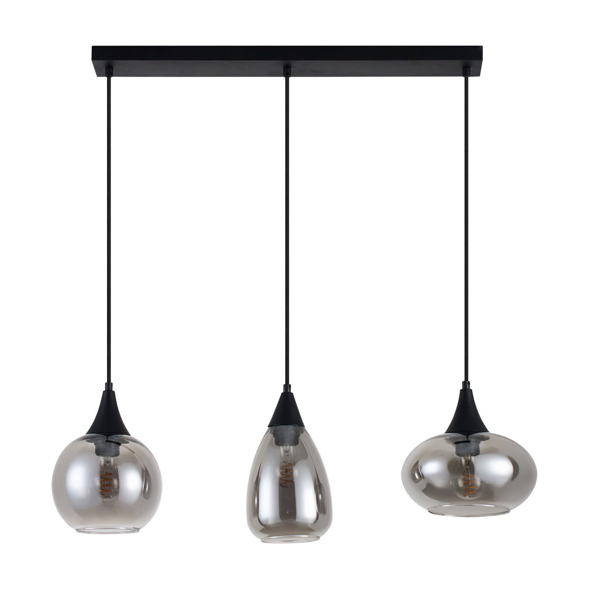 Hanglamp langwerpig Smokeglas 3-Lichts – Zwart met E27 Fittingen