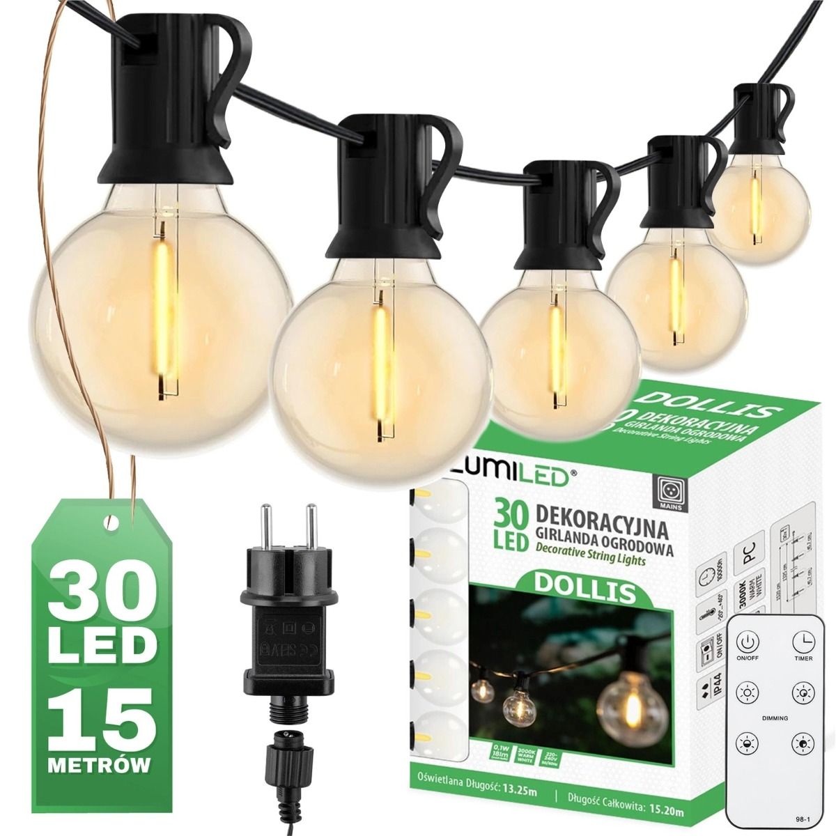 Outdoor Lichterkette 15,2m – 30x LED Kugeln 3000K mit Fernbedienung