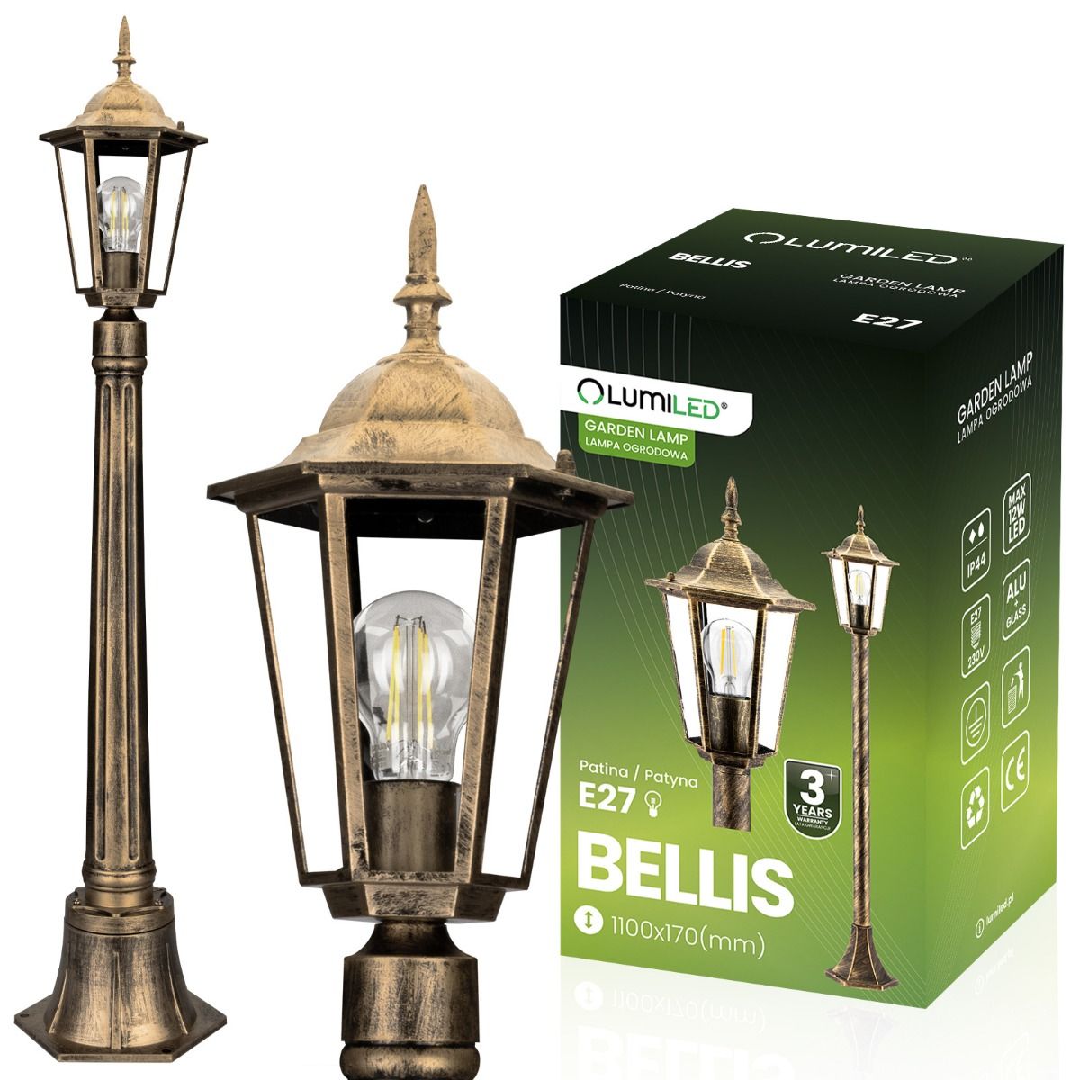 Gartenlampe – Niedrige Außenlaterne auf Mast – 1 m hoch – E27 – Patina