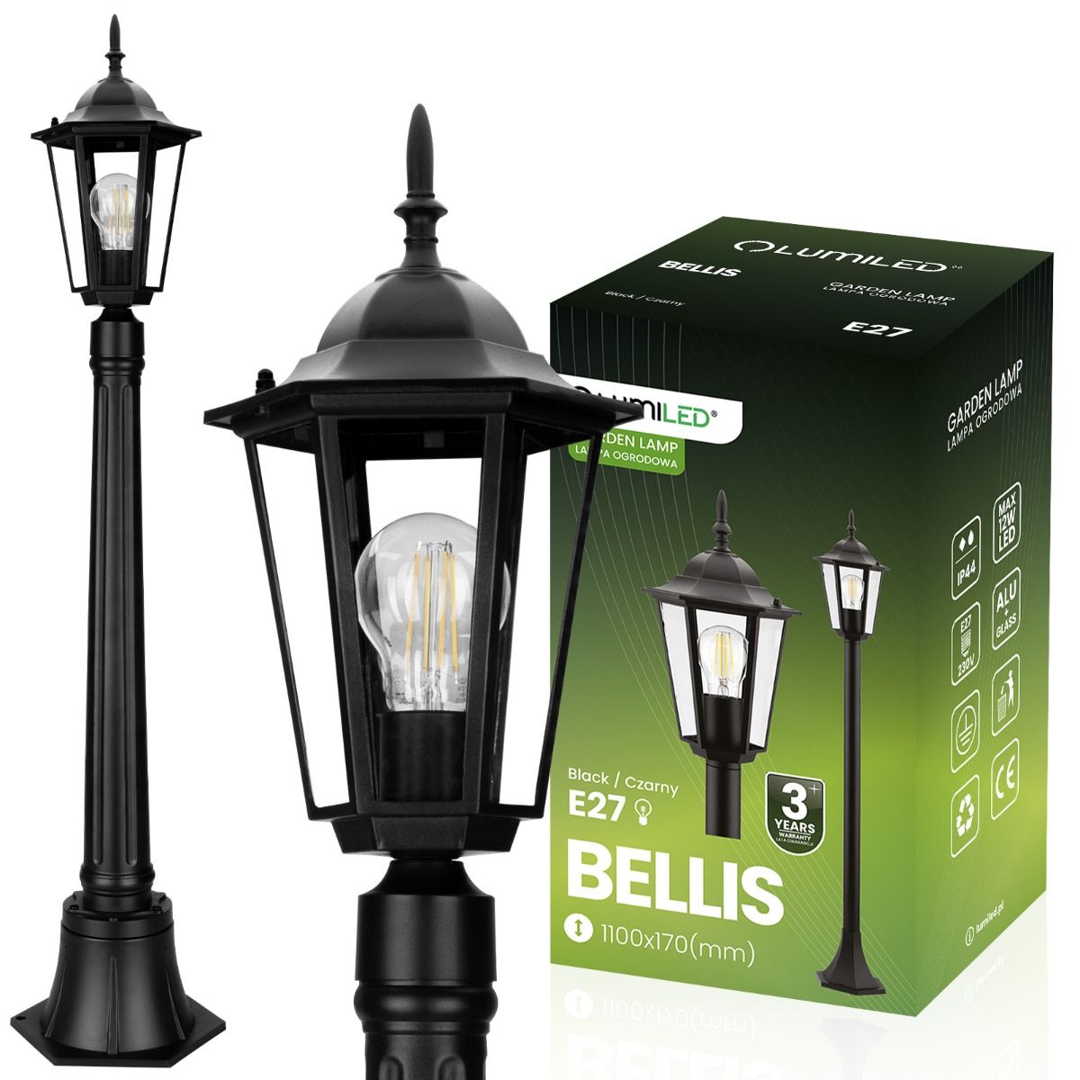 Gartenlaterne – Außenlampe auf Mast – E27 – 1 m hoch – Schwarz