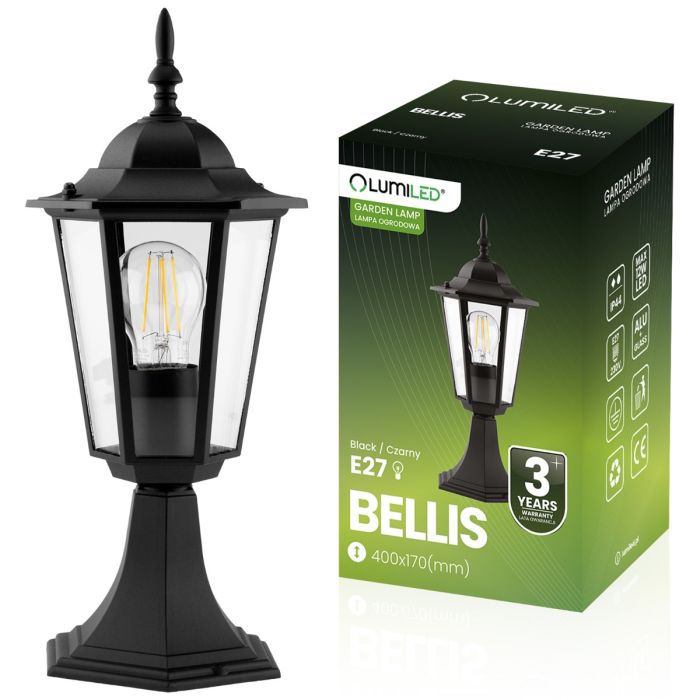 Außenlampe – Gartenlaterne auf Pfahl – E27-Fassung – 42 cm hoch – Schwarz