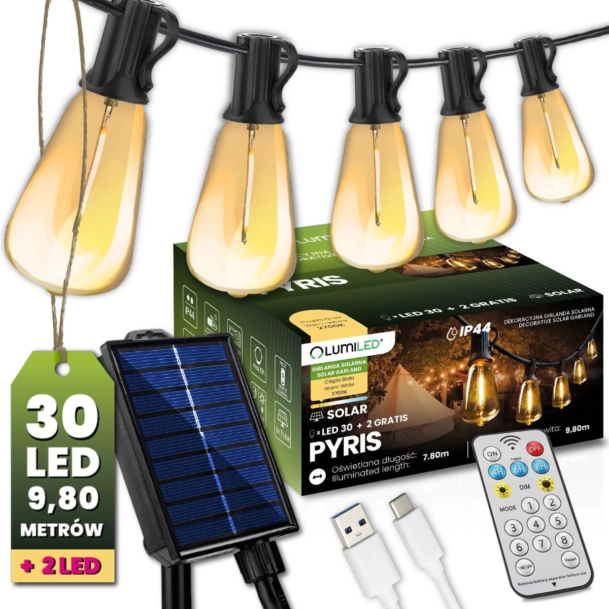 Solar-Lichterkette – 30 LEDs – 9,8 m – 2700K warmweiß – Mit Fernbedienung