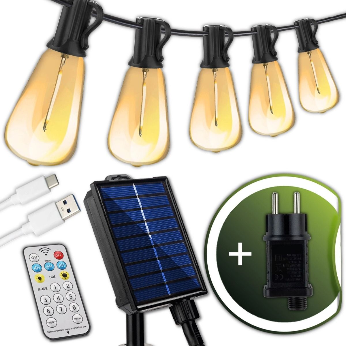 Solar-Lichterkette – 30 LEDs – 9,8 m – 2700K warmweiß – Mit Fernbedienung