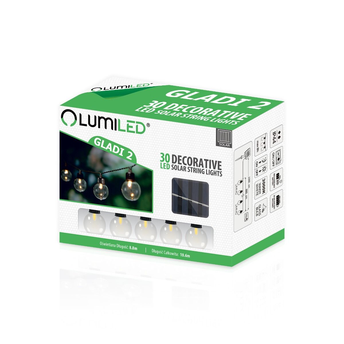 Gartengirlande – 30x LED Kugeln – 10,6m – Warmweiß 3000K – Wetterfest & Dekorativ