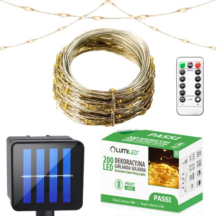 Solar Gartenbeleuchtung – 200x LED – 21m – Warmweiß 3000K – Inkl. Fernbedienung