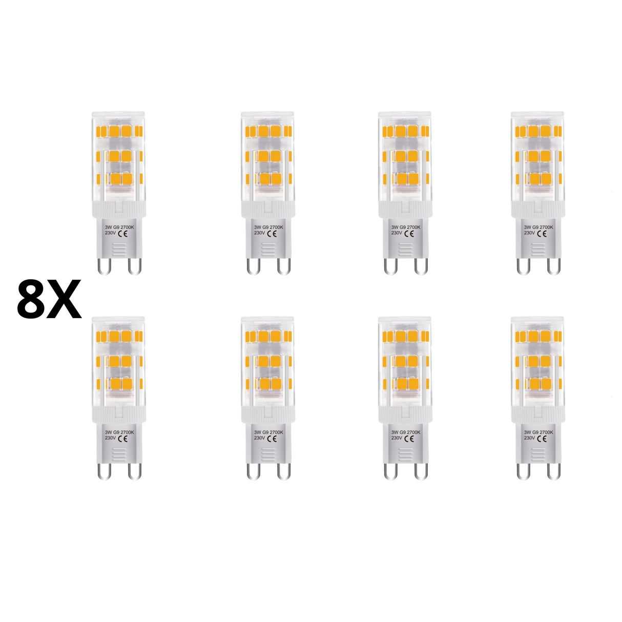 Set aus 8 G9 LED-Lampen – 3-Stufen, 3W, 250 lm, warmweiß 2700K