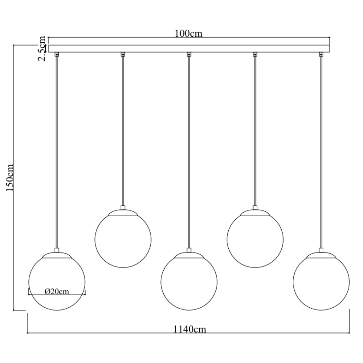 Hängelampe Noor – 5 farbige Kugeln mit Schwarz/Messing