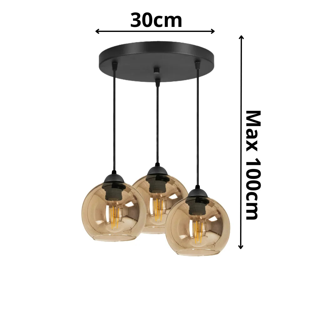 3-lichts hanglamp glas amber voor woonkamer of eetkamer