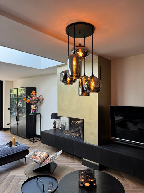 Pendelleuchte 5-flammig Rauchglas-Mix rund