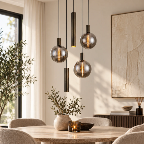Pendelleuchte Lunaro 5-flammig – dunkle Antikbronze mit Rauchglas – inklusive Leuchtmittel