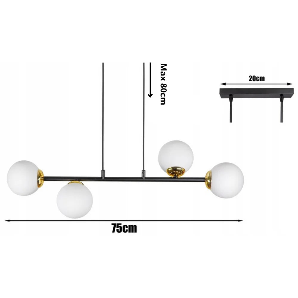 Witte bol hanglamp zwart goud met 4 lampen boven eettafel