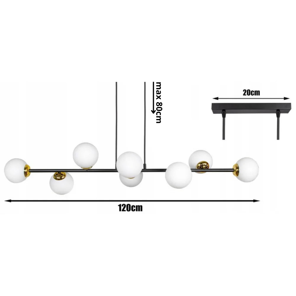 Hanglamp wit bol zwart goud met 8 lichtpunten