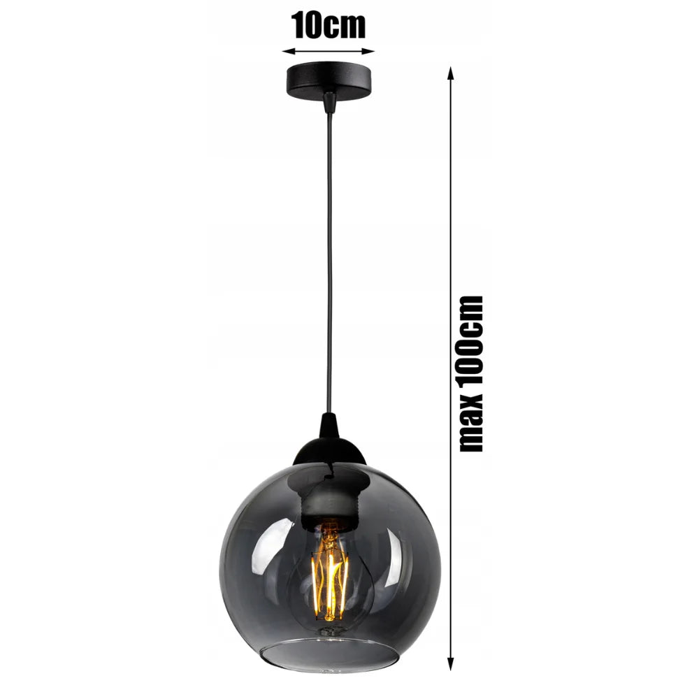 Zwarte hanglamp industrieel met smoke glazen bol voor eettafel