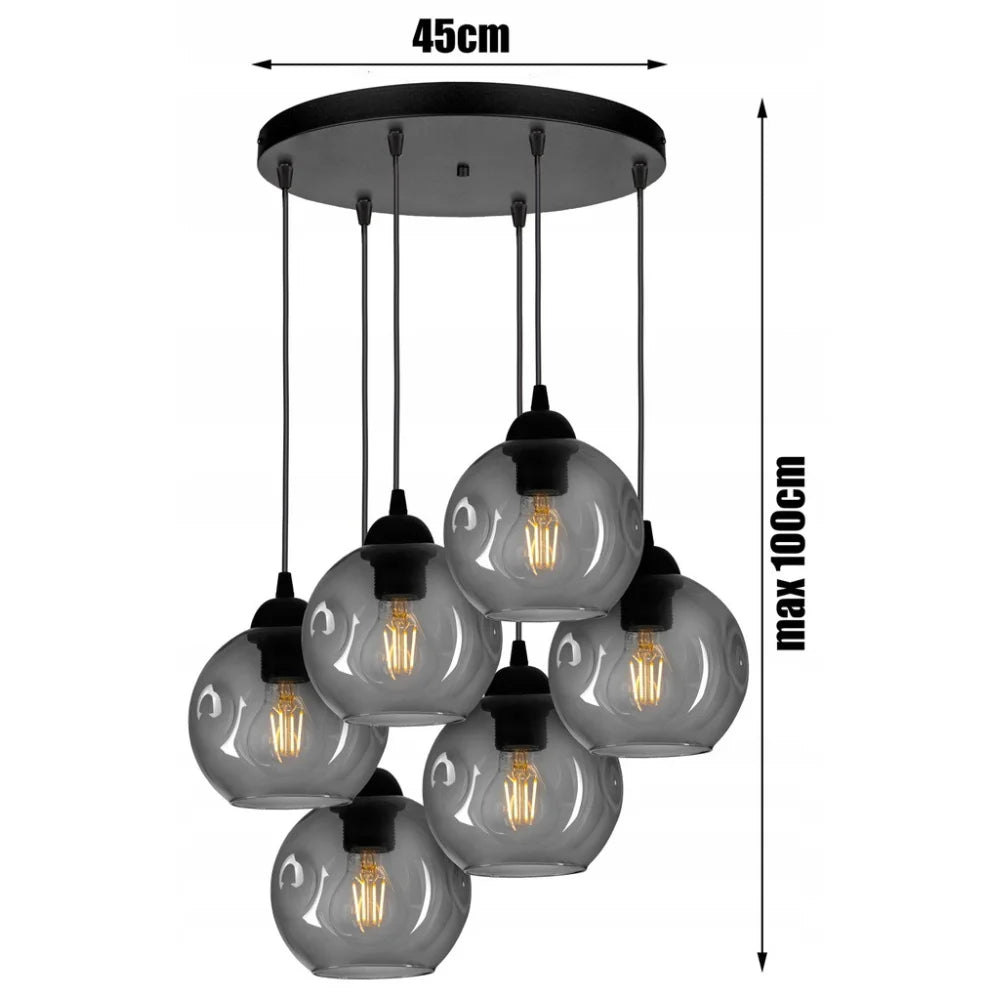 Smoke glas hanglamp met zwart frame en zes fittingen
