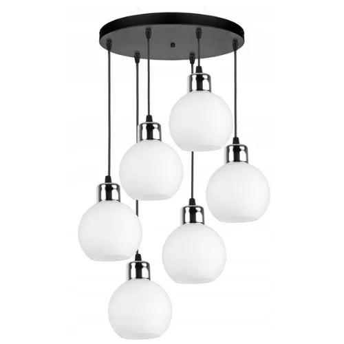 witte bol hanglamp met zes glazen bollen voor woonkamer