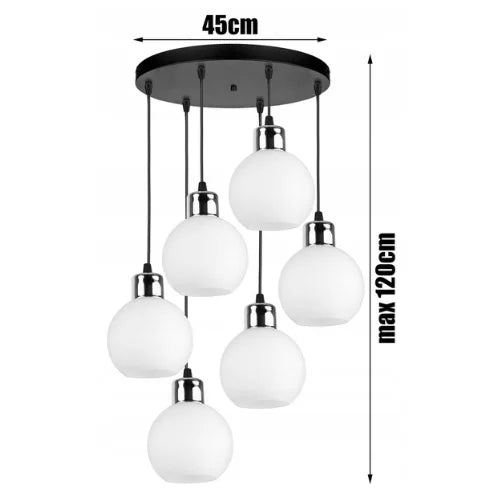 witte bol hanglamp met zes glazen bollen voor woonkamer