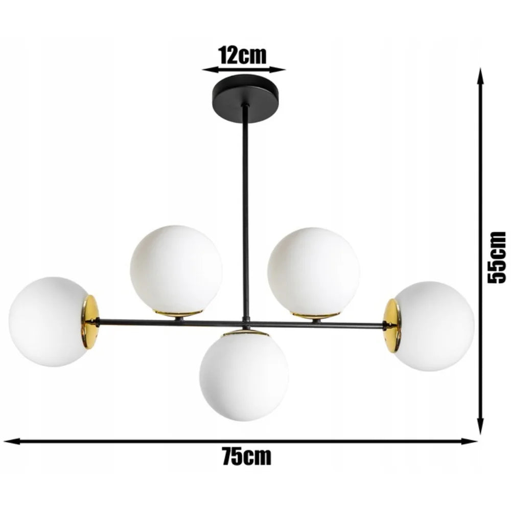 gouden plafondlamp met witte bollen en zwart frame