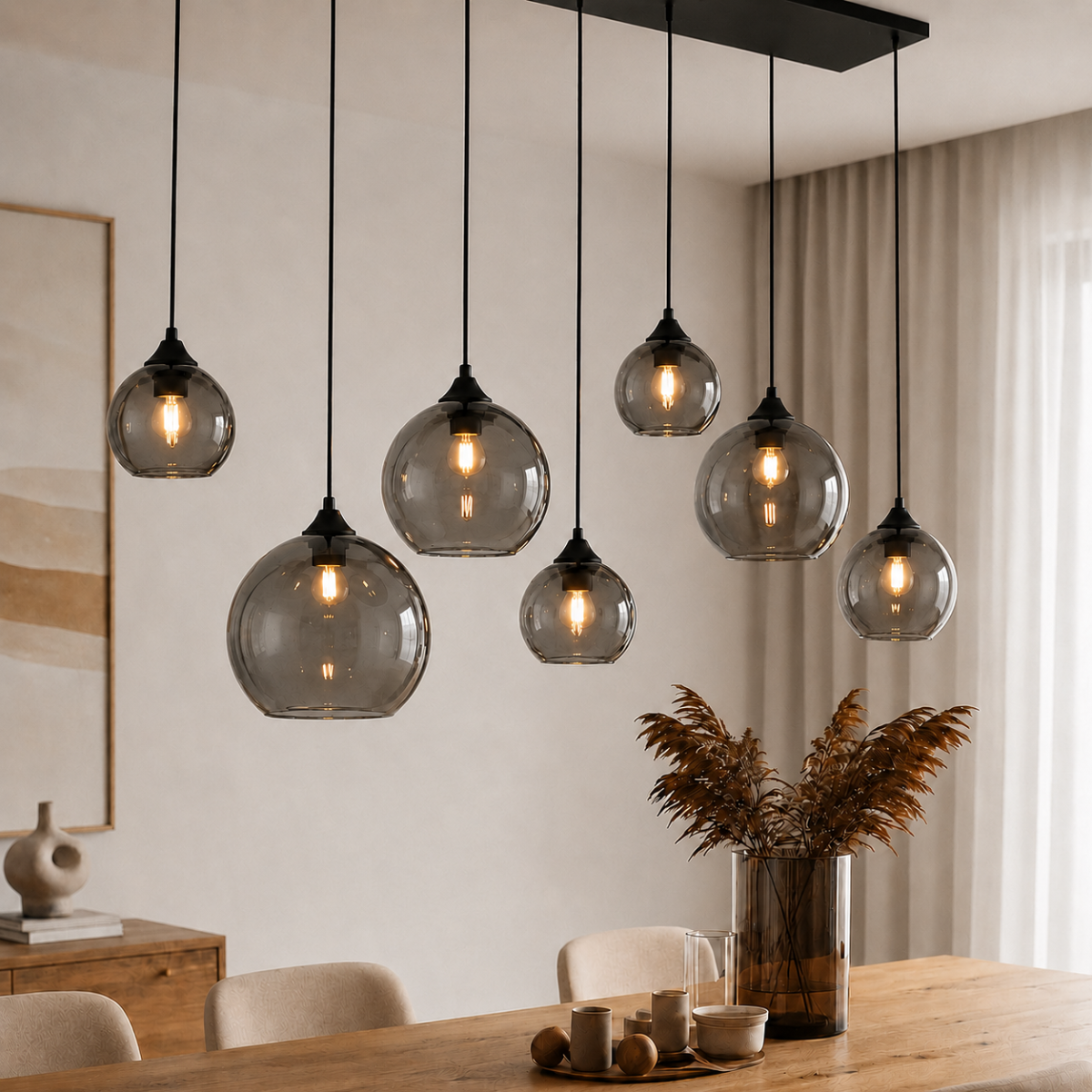 Hängelampe Schwarz mit Rauchglas Oval 8-flammig