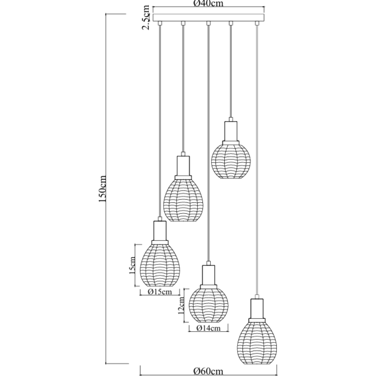 Hängelampe Sanne – Schwarz mit Rauchglas und Messing – 5 Lichtquellen