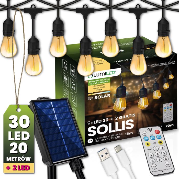 Solar-Gartenlichterkette – 30x LED – 20m – Warmweiß 2700K – IP65 – Mit Fernbedienung