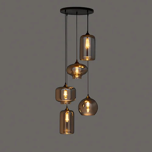 Hanglamp 5-Lichts rookglas industrieel zwart eettafel