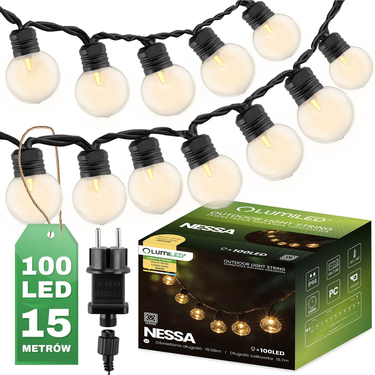 Garten-LED-Lichterkette 16 m – 100 warmweiße LEDs (3000K)