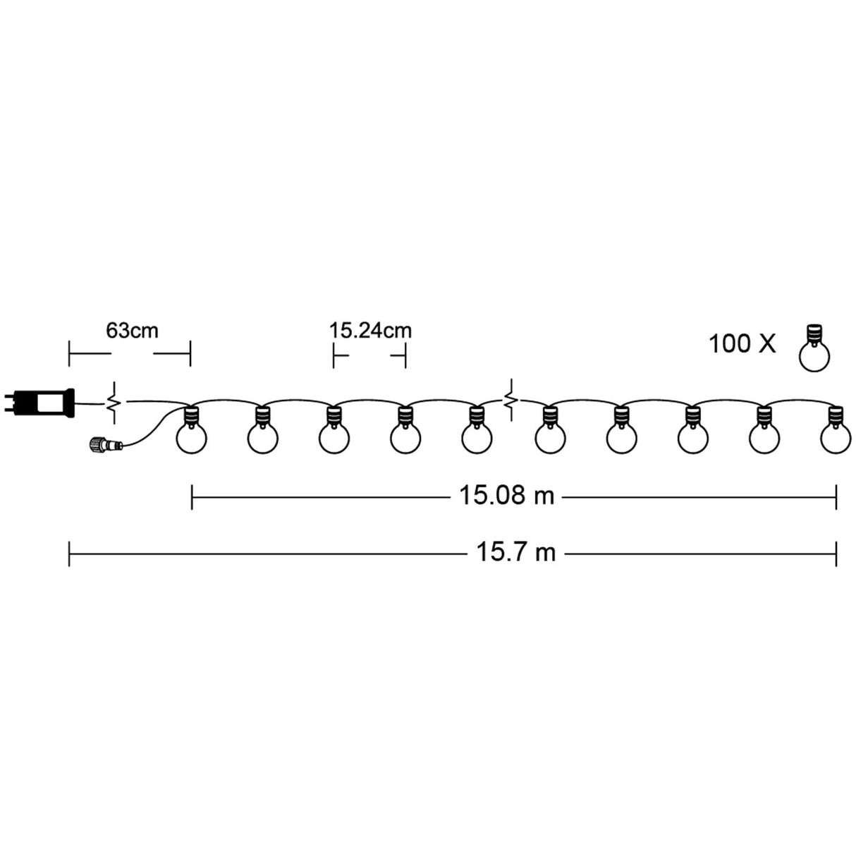 Garten-LED-Lichterkette 16 m – 100 warmweiße LEDs (3000K)
