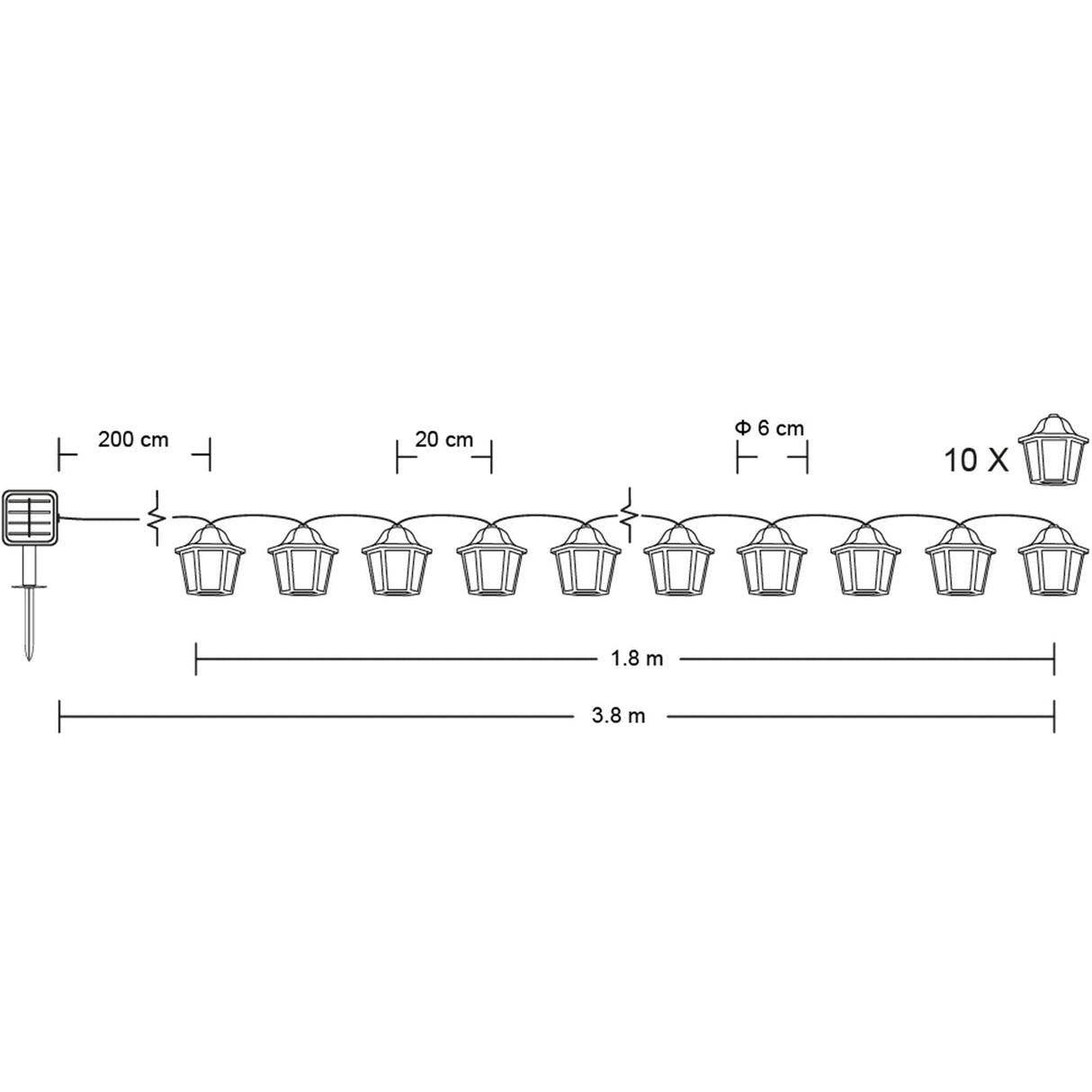 10 LED-Laternen – 3,8 m – Warmweiß 3000K – Dekorativ & Wetterfest