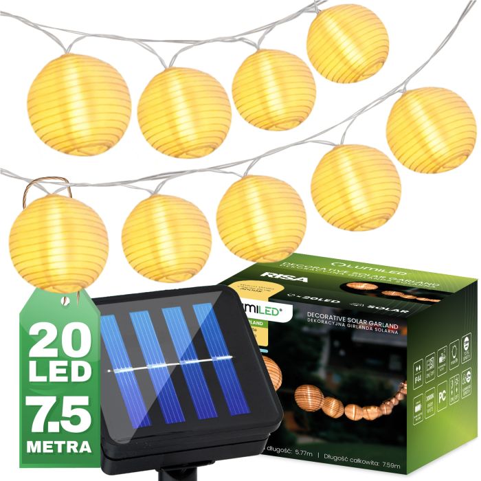Solar-Gartenlichterkette – 20 LED-Laternen – 7,59 m – Warmweiß 3000K