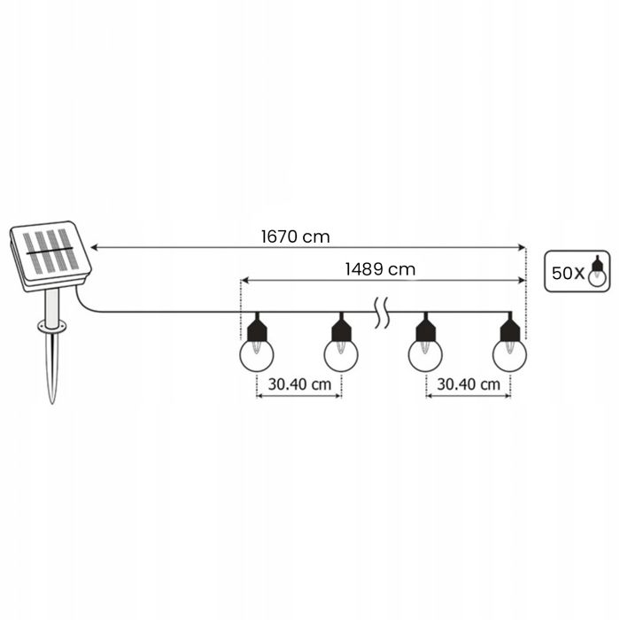 Solar-Gartengirlande – 50x LED-Birnen – 16,7m – Warmweiß 3000K