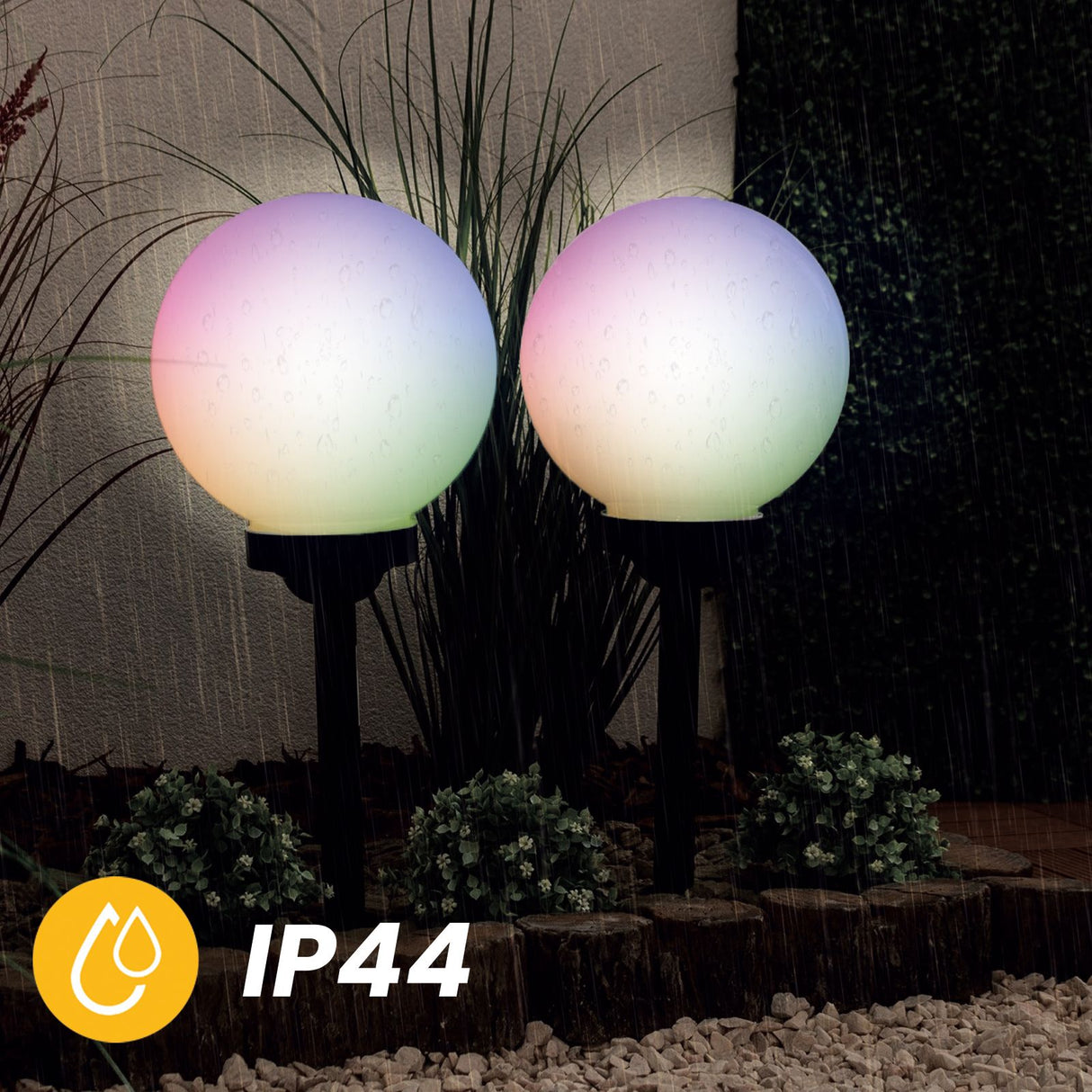 Solar LED Gartenleuchte – Weiße Kugel 25 cm – Bodenmontage – Farbig