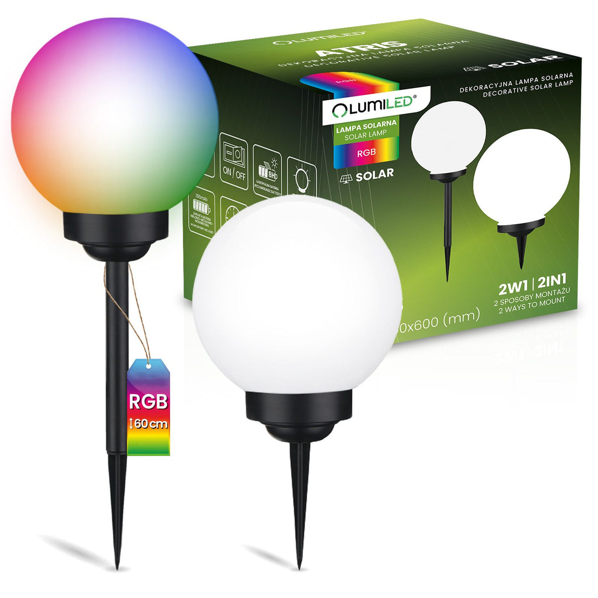 Solar LED Gartenleuchte – Weiße Kugel 25 cm – Bodenmontage – Farbig