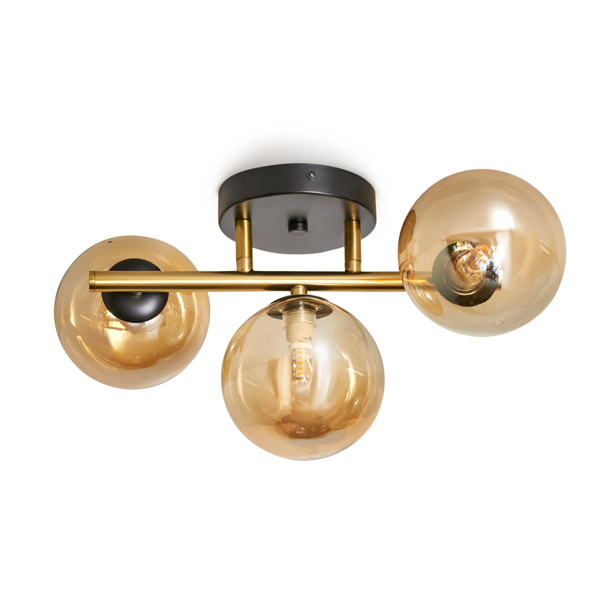 Deckenleuchte Gold mit 3 bernsteinfarbenen Glaskugeln