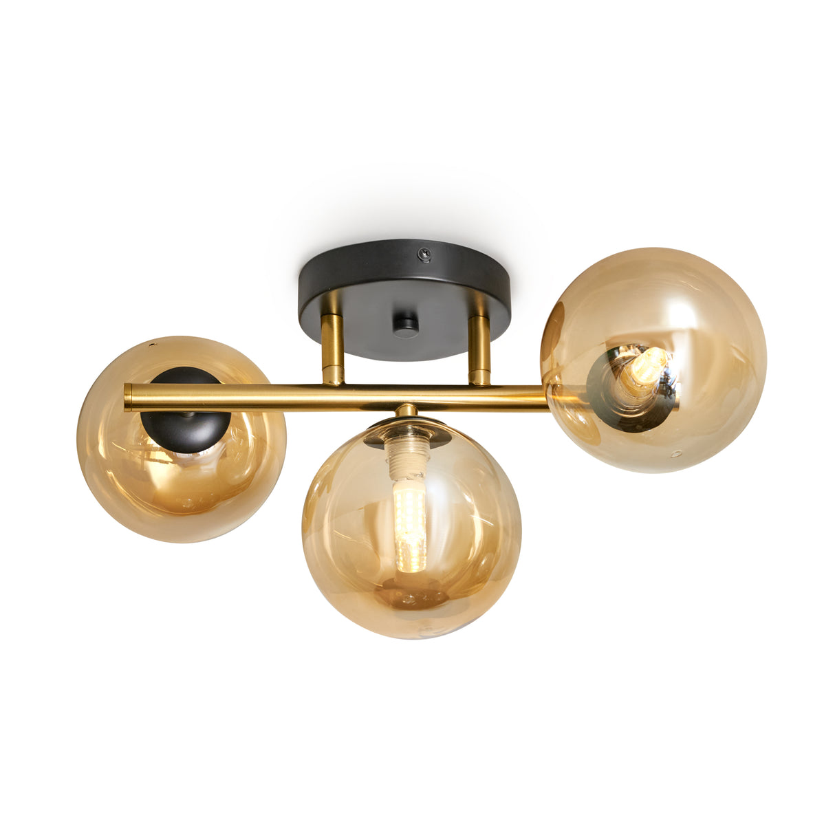 Goldene Deckenlampe mit 3 bernsteinfarbenen Glaskugeln