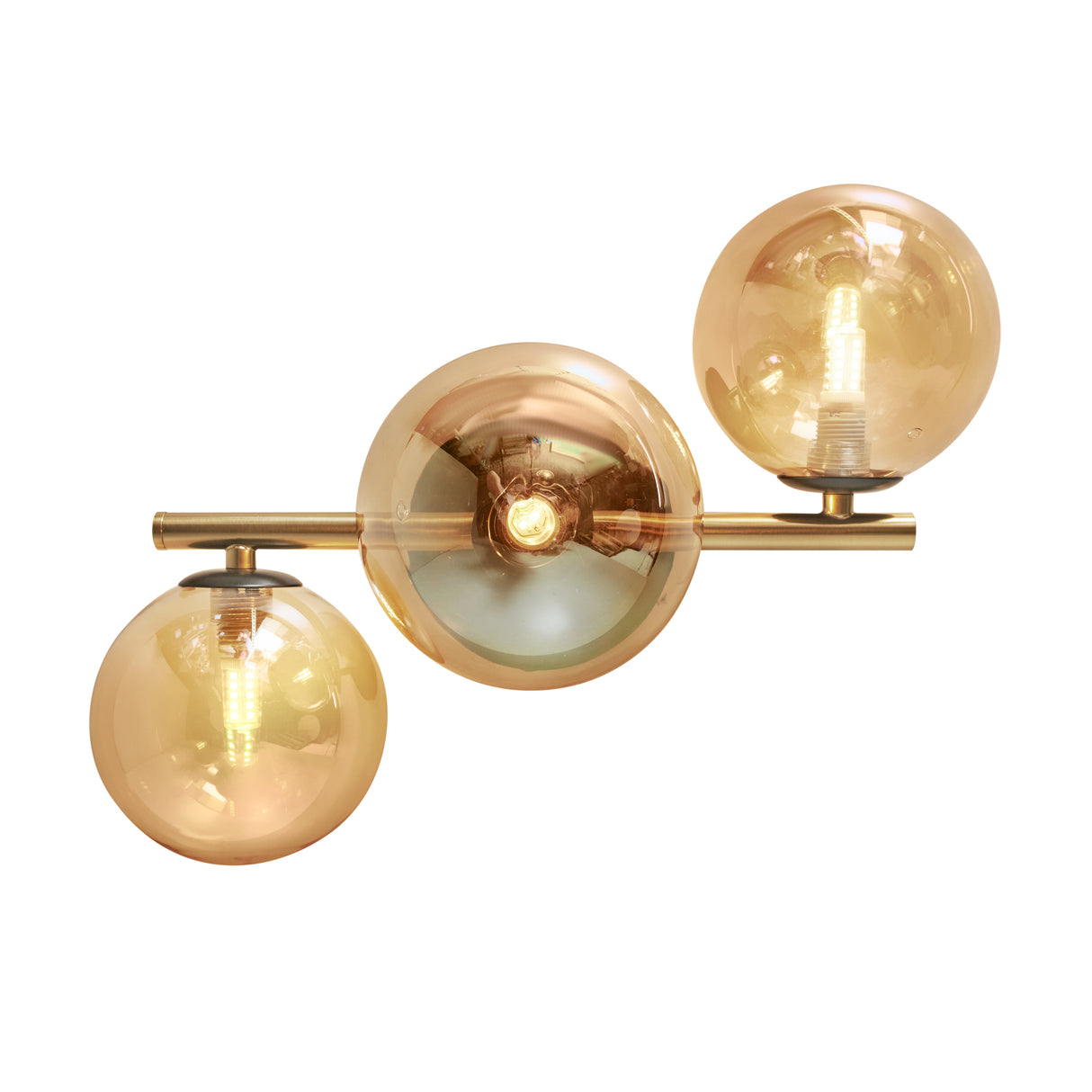 Goldene Deckenlampe mit 3 bernsteinfarbenen Glaskugeln