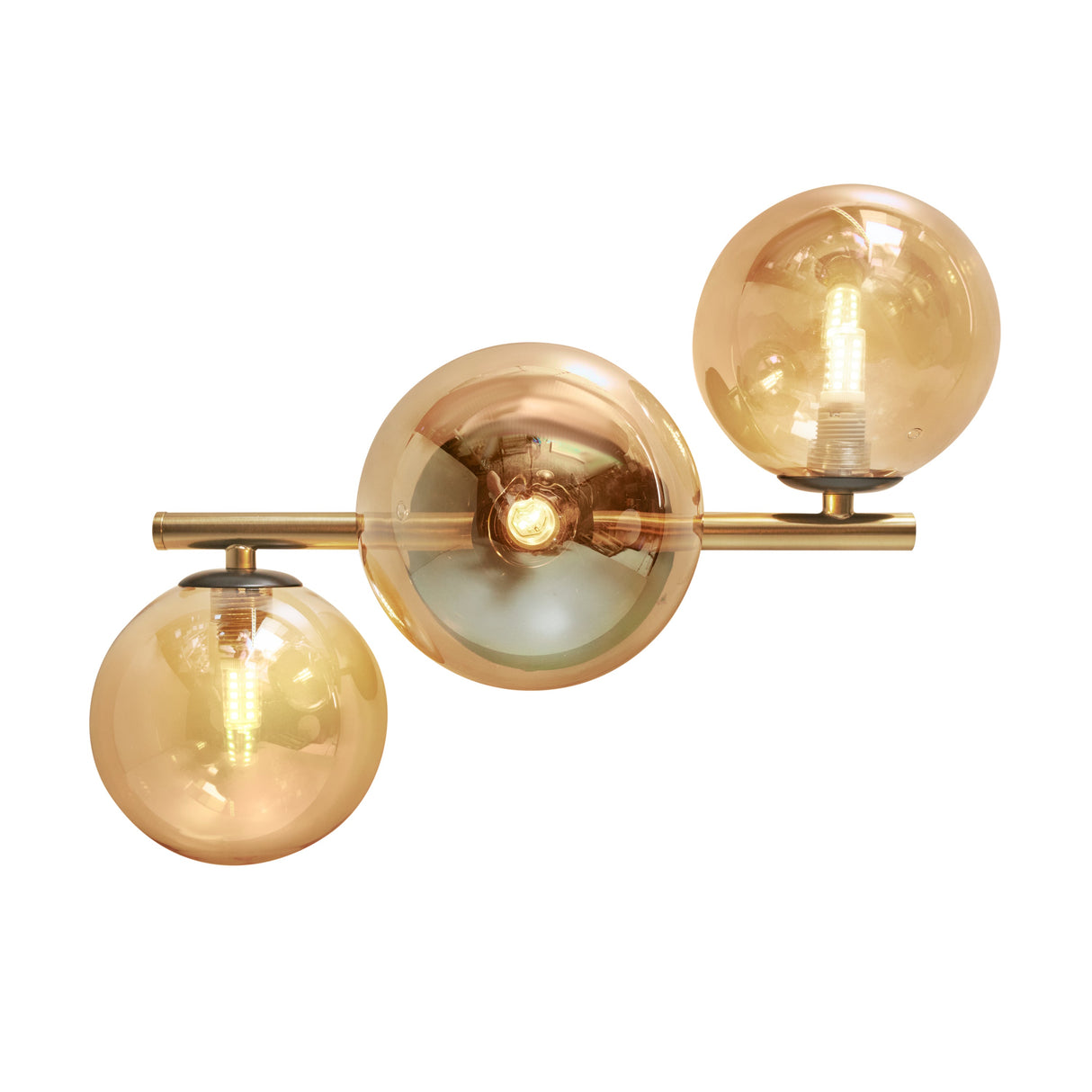 Deckenleuchte Gold mit 3 bernsteinfarbenen Glaskugeln