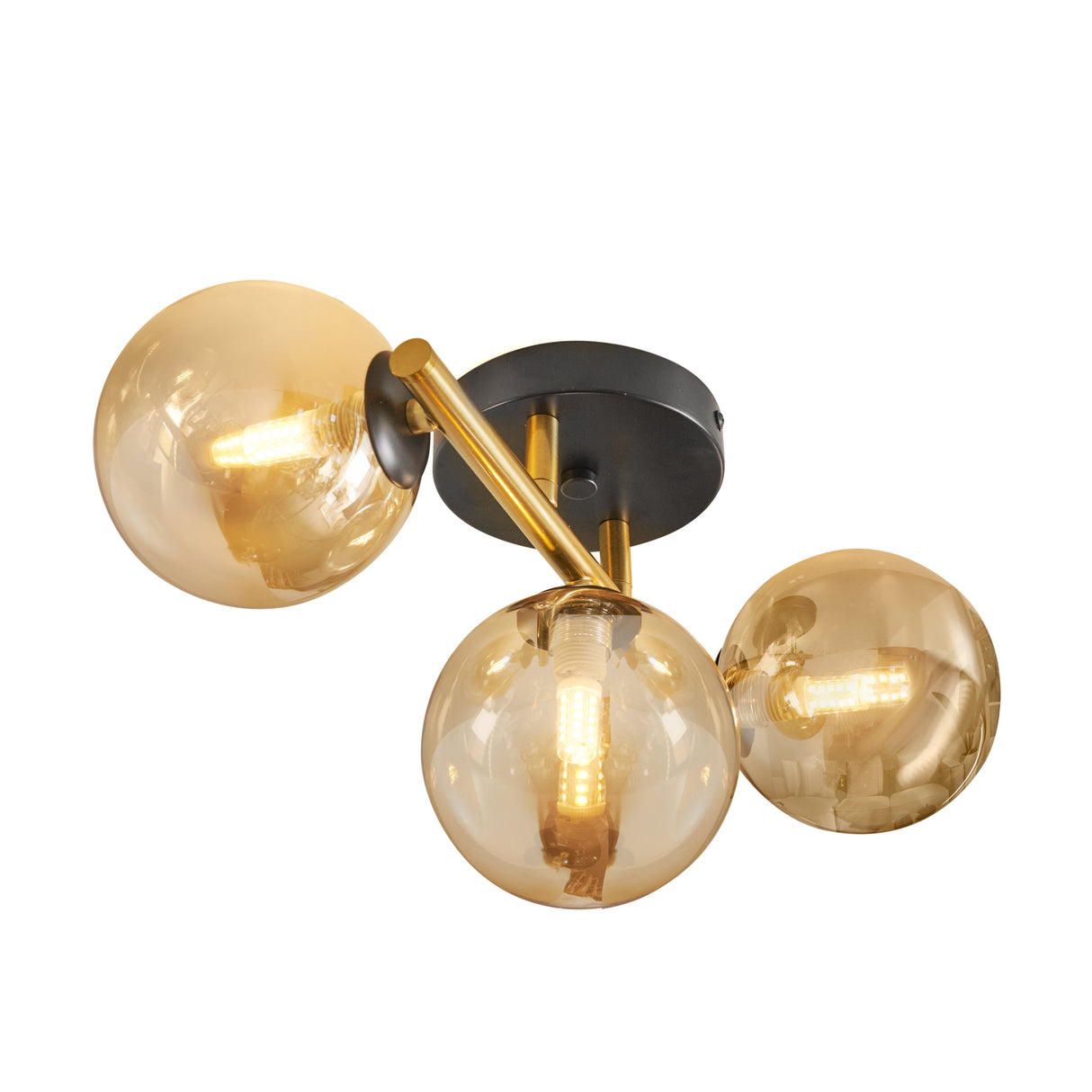 Goldene Deckenlampe mit 3 bernsteinfarbenen Glaskugeln