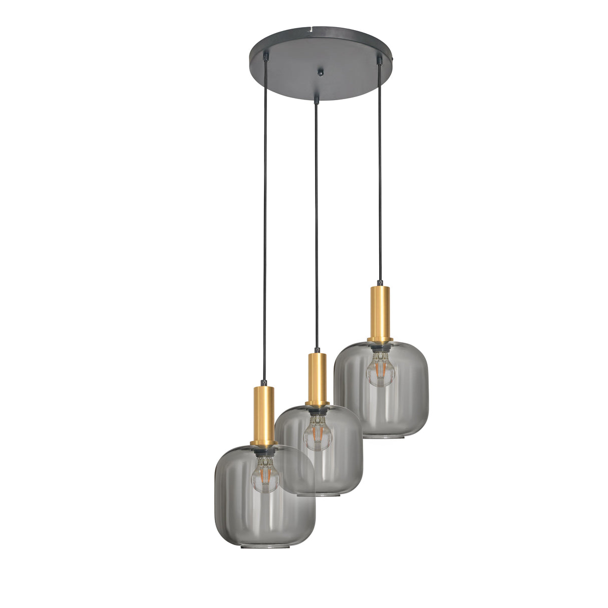 Hanglamp Zwart met Messing en Smoke Glas – 3-Lichts - Aura Trio