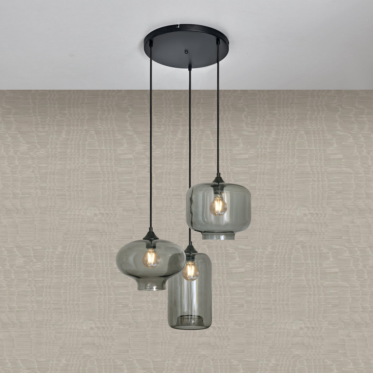 Pendelleuchte – 3-flammig, Mix aus Rauchglas, Industrial-Stil, Schwarz, für Wohn- & Esszimmer