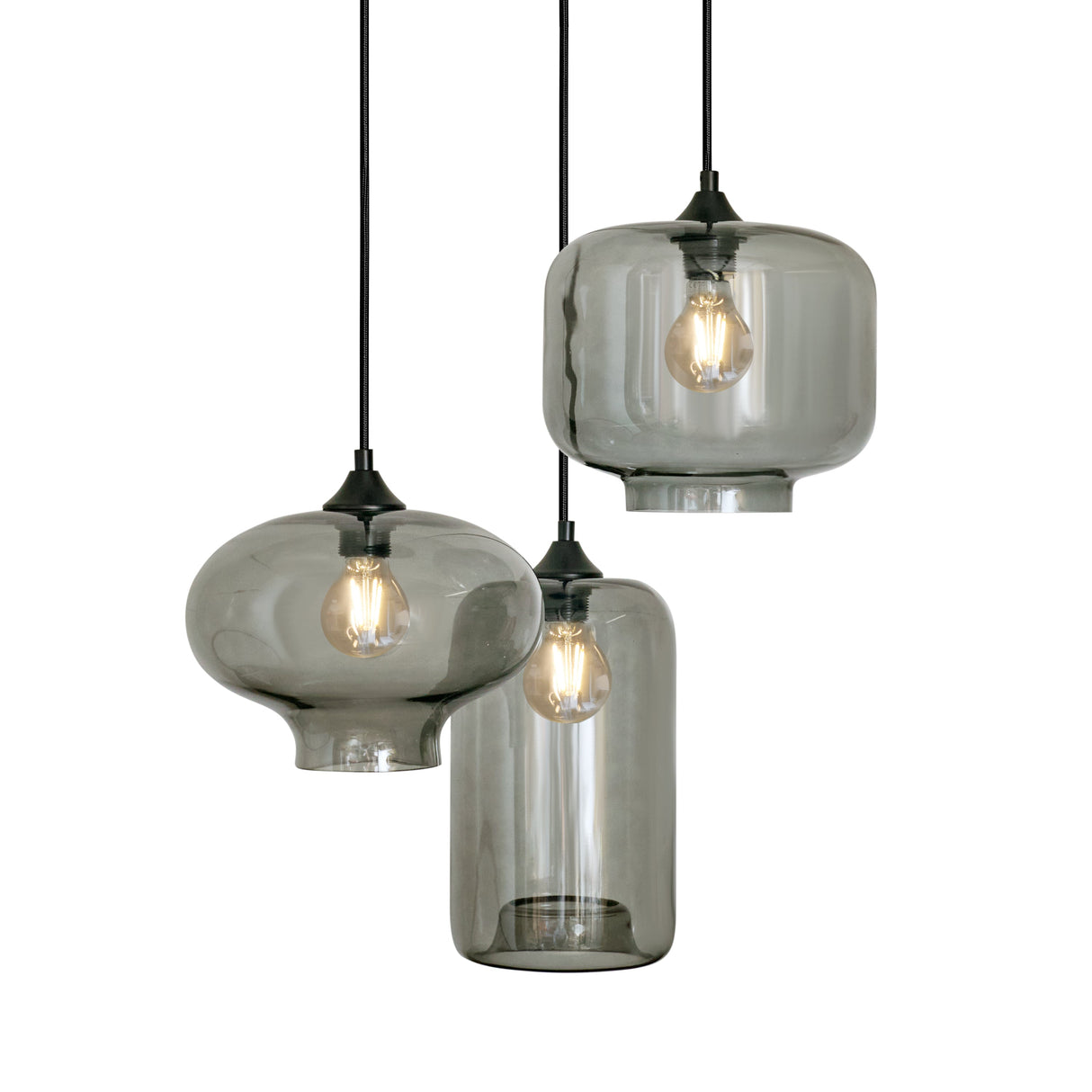 Pendelleuchte – 3-flammig, Mix aus Rauchglas, Industrial-Stil, Schwarz, für Wohn- & Esszimmer