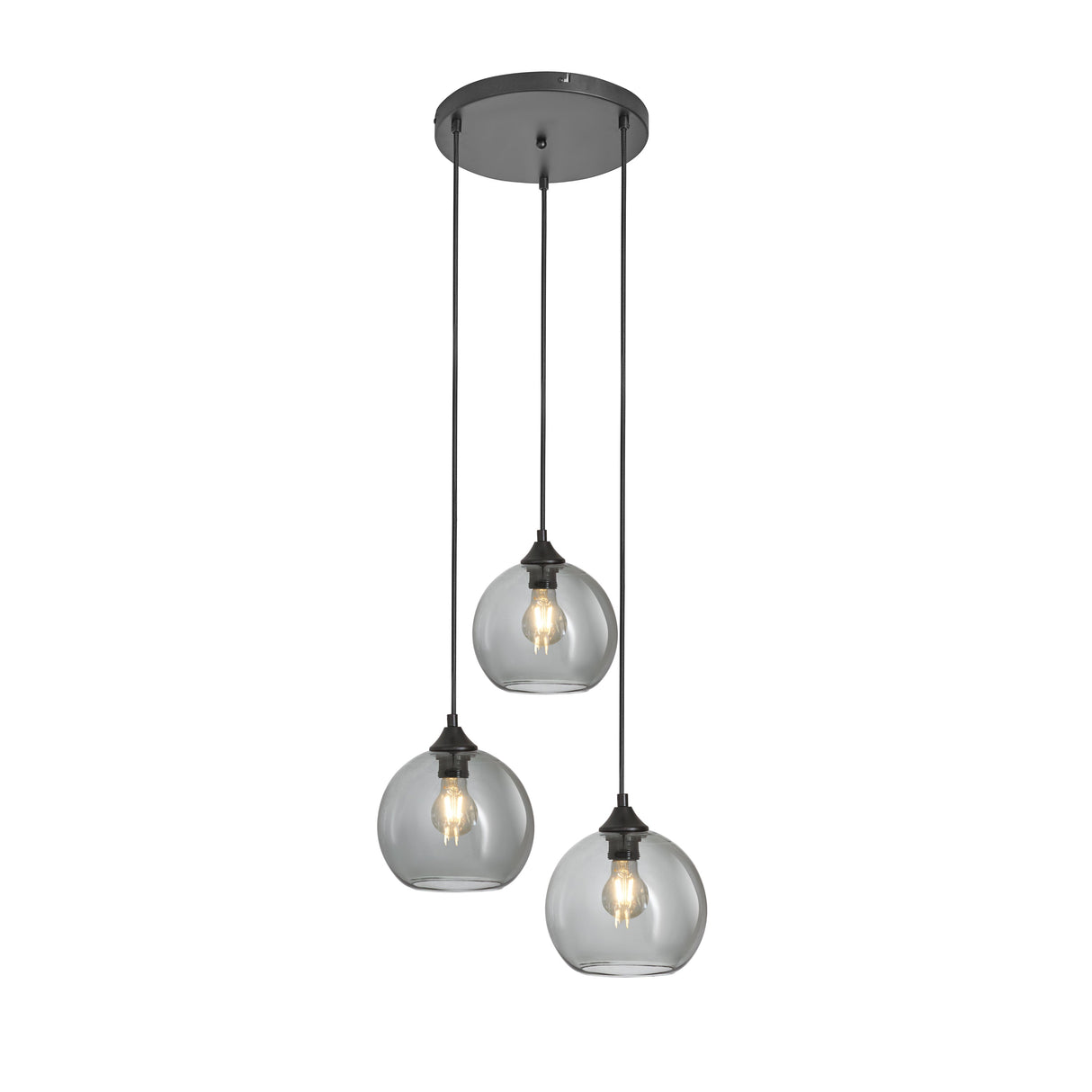 Pendelleuchte im Industrial-Stil – 3-flammig, Rauchglas-Kugeln, Schwarz/Grau