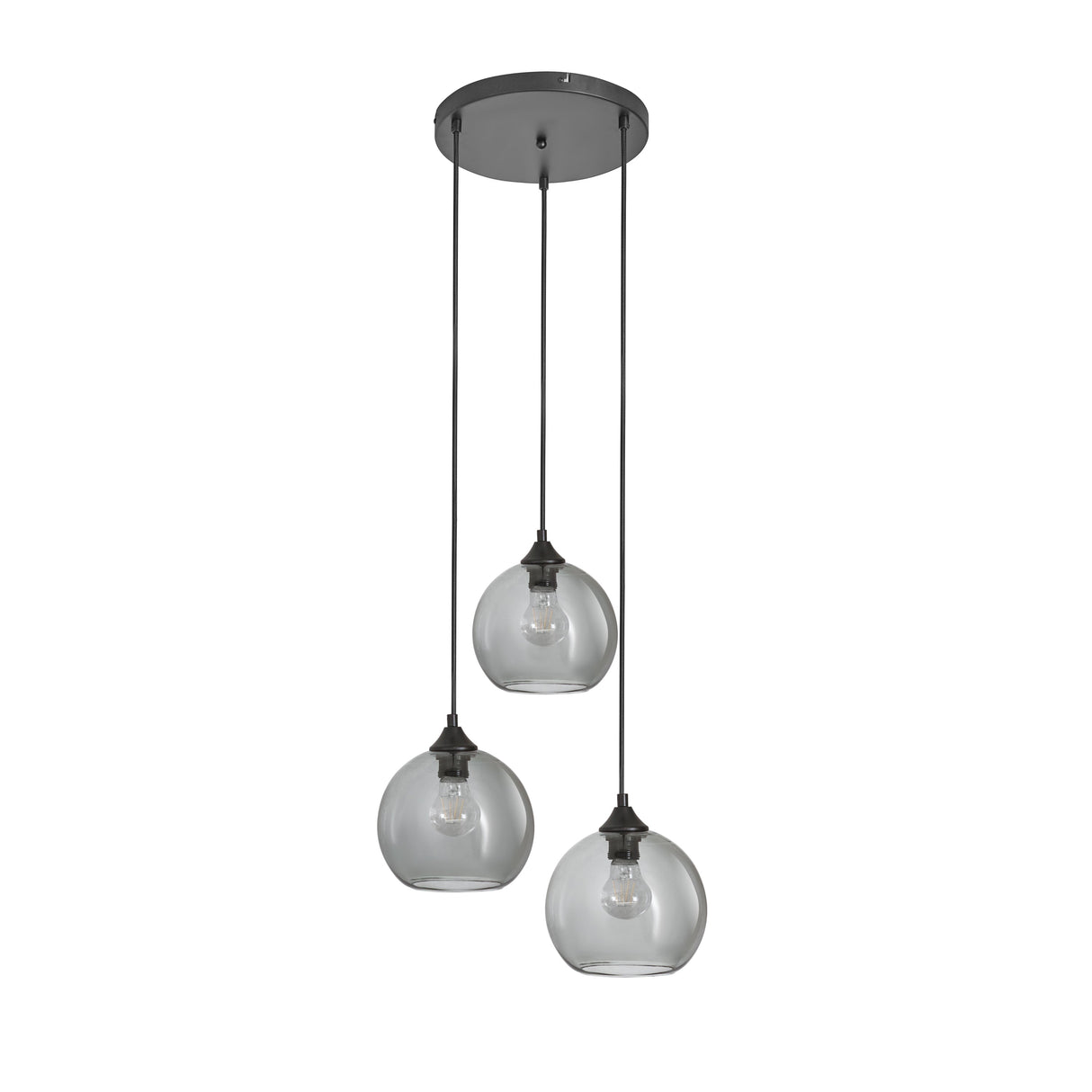 Pendelleuchte im Industrial-Stil – 3-flammig, Rauchglas-Kugeln, Schwarz/Grau