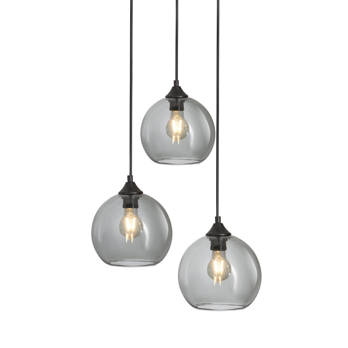 Pendelleuchte im Industrial-Stil – 3-flammig, Rauchglas-Kugeln, Schwarz/Grau