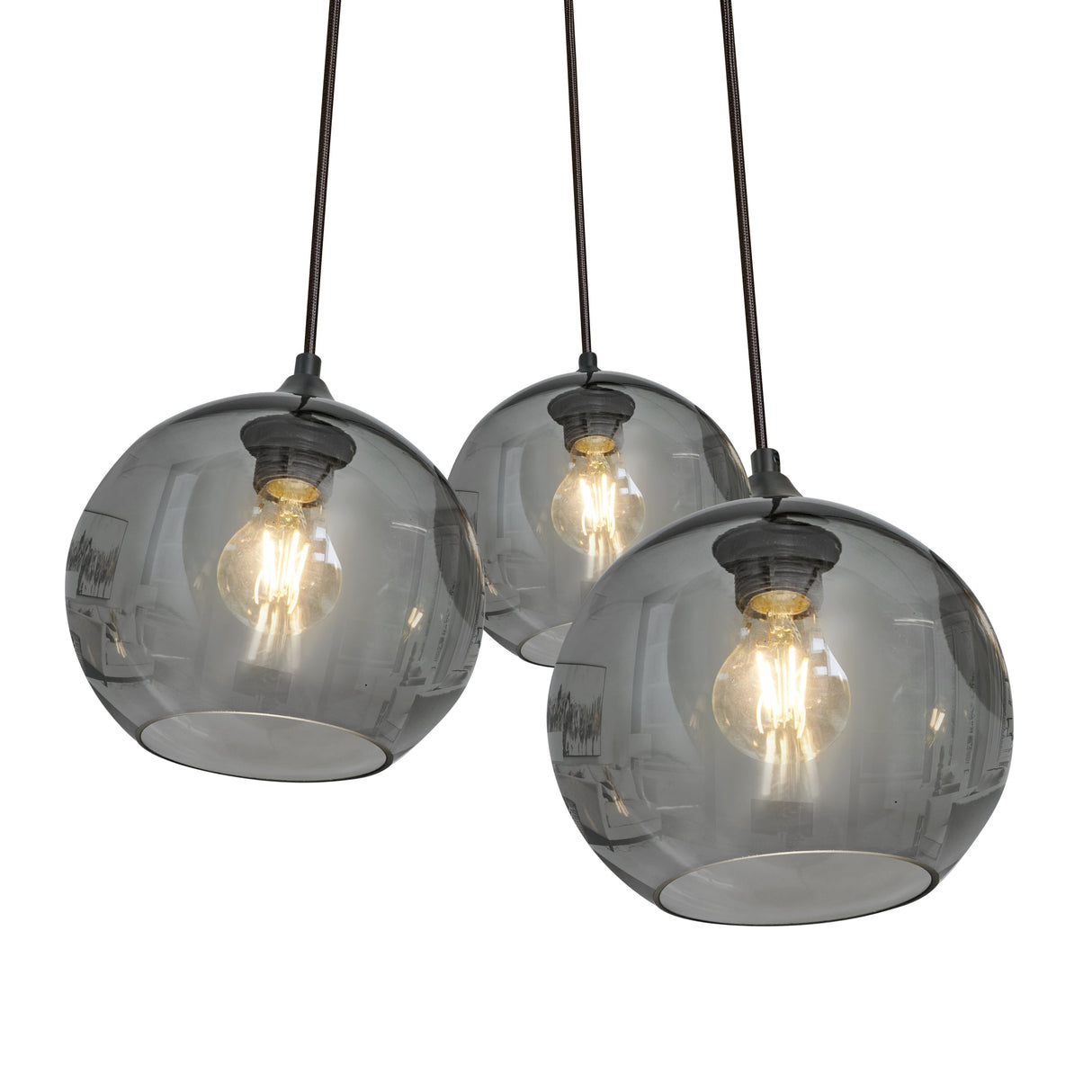 Pendelleuchte im Industrial-Stil – 3-flammig, Rauchglas-Kugeln, Schwarz/Grau