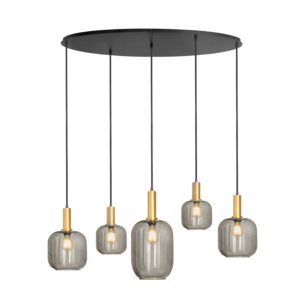 Pendelleuchte oval, schwarz mit goldfarbenen Akzenten und Smoke-Glas, 5-flammig