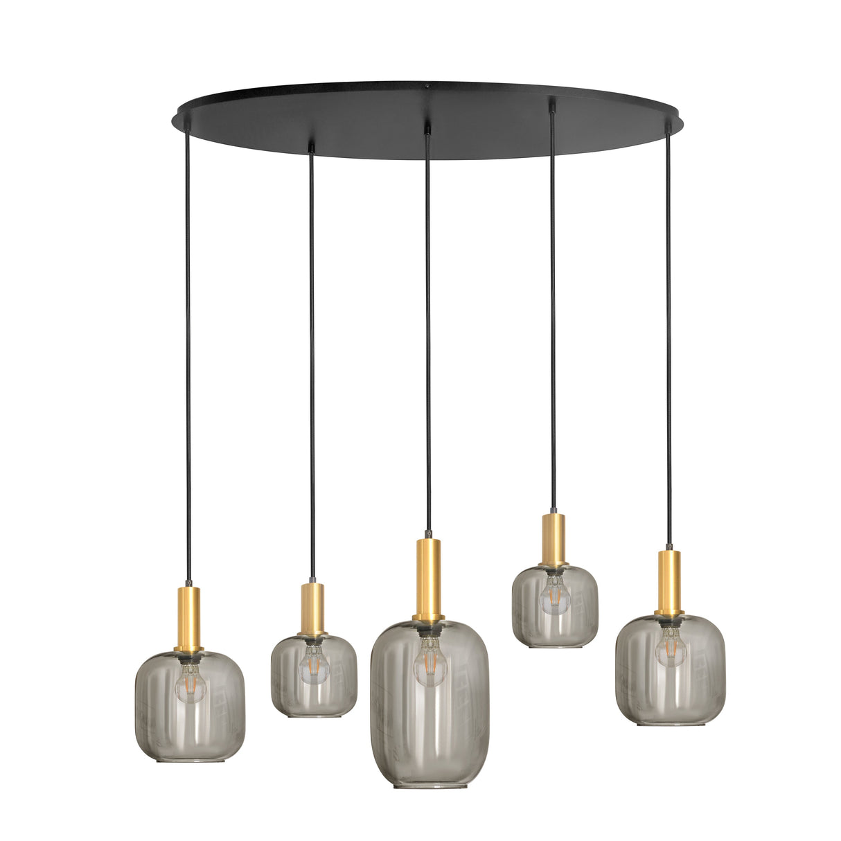 Pendelleuchte oval, schwarz mit goldfarbenen Akzenten und Smoke-Glas, 5-flammig