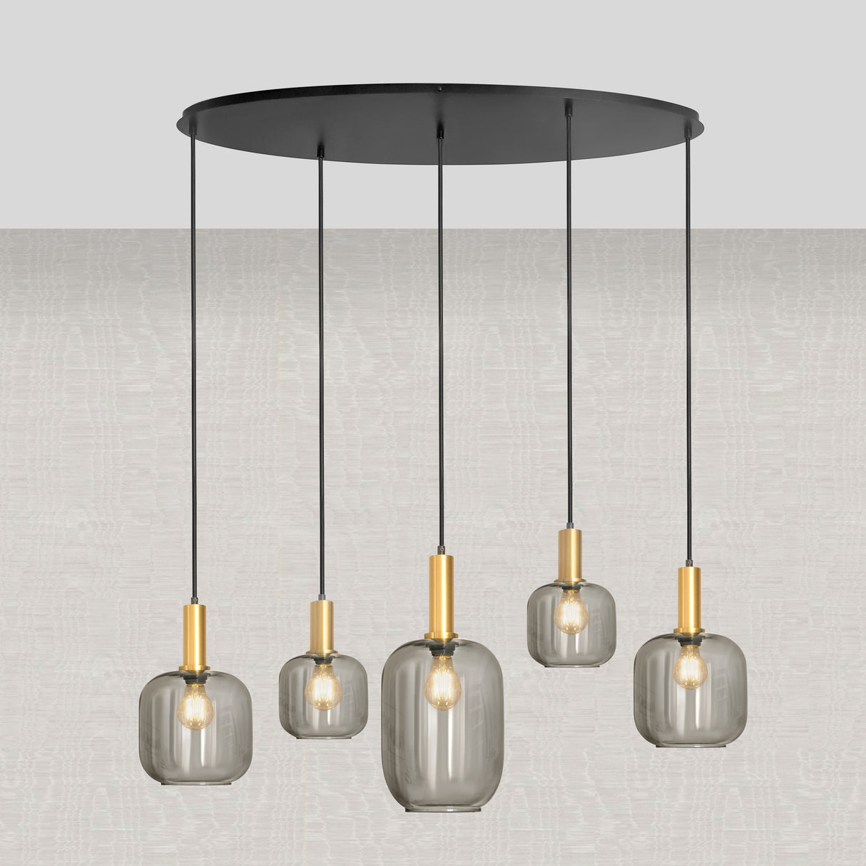Pendelleuchte oval – Schwarz mit goldenen Akzenten und Rauchglas, 5-flammig