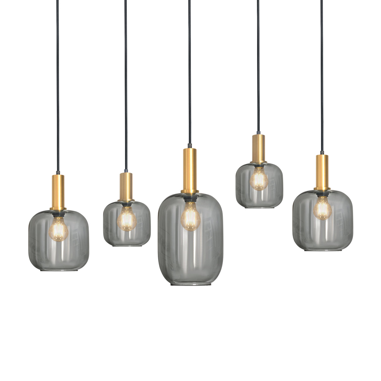 Pendelleuchte oval – Schwarz mit goldenen Akzenten und Rauchglas, 5-flammig