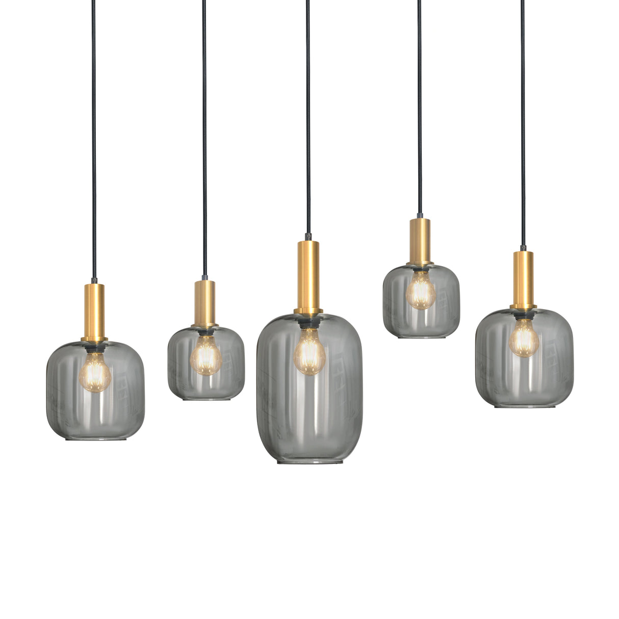 Pendelleuchte oval, schwarz mit goldfarbenen Akzenten und Smoke-Glas, 5-flammig